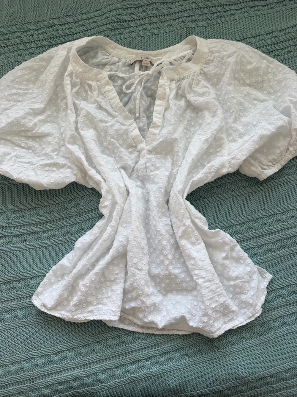 LOFT White Swiss Dot Tie-Neck Blouse Size Medium